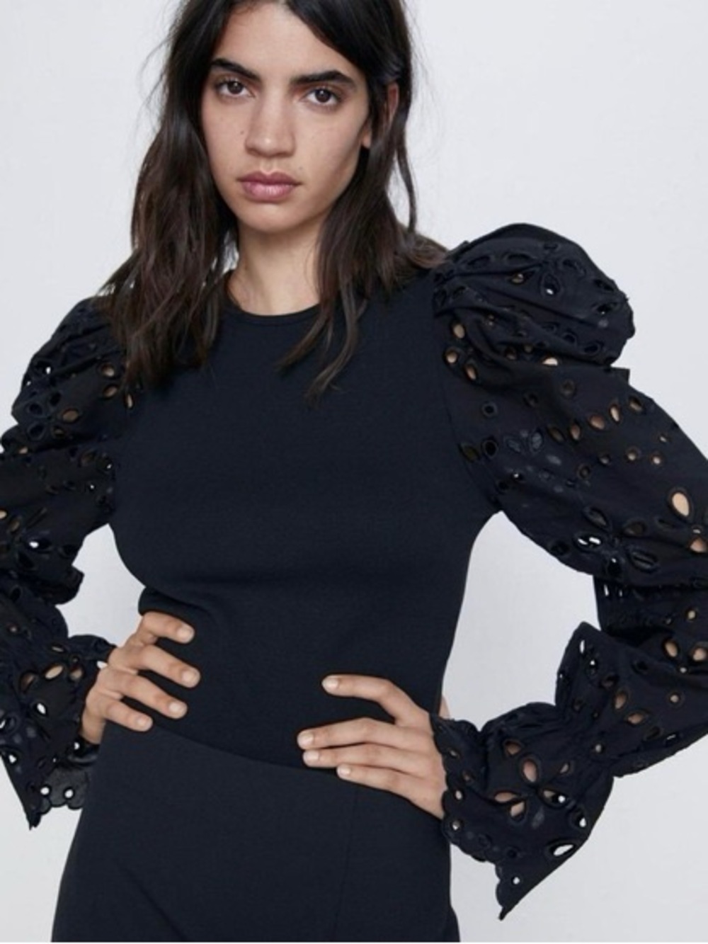 Zara Crochet Sleeve Sweatshirt Sweater size Small Black